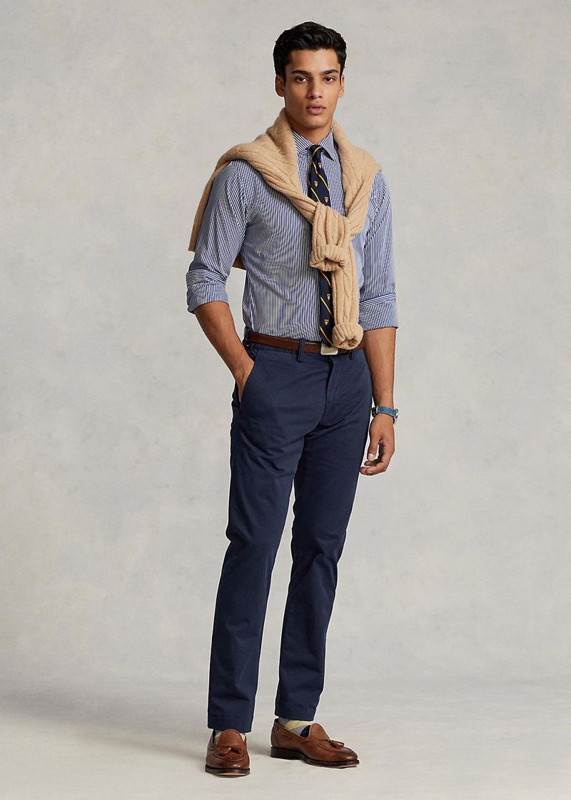 Spodnie Polo Ralph Lauren Męska Granatowe Washed Stretch Wąskie Fit Chino 072639-PON